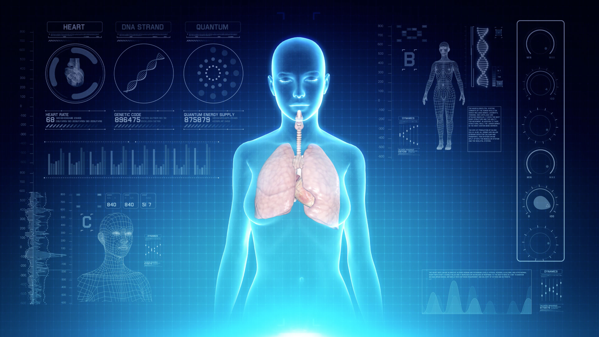 Futuristic Interface Display of Female Body Scan with Human Respiratory