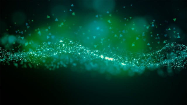 Cinematic green glowing moving particles with floating lights. Magical dust with on clean background. Abstract motion of particles in 4K. Seamless loop.