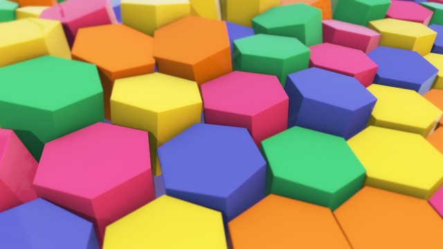 3D animation of abstract floating hexagons in bright colors. 4k 3D animation.