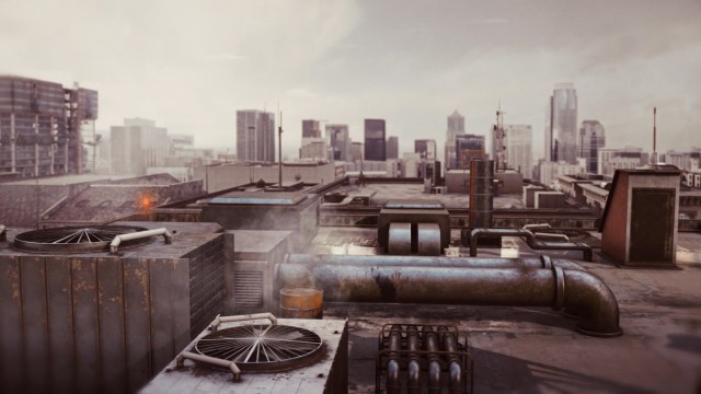 Cinematic Aerial Building Rooftop Intro with ventilation ducts and pipes.