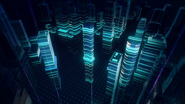 Information streaks floating on top of holographic city