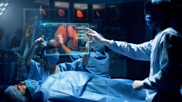 Doctor analyzing Lungs 3D Scan on a futuristic augmented reality lens.