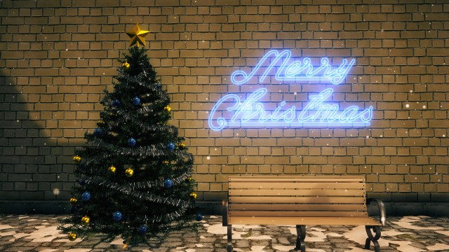 Christmas Set with tree, ornaments, bench and neon sign.