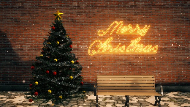 Christmas Set with tree, ornaments, bench and yellow neon sign.