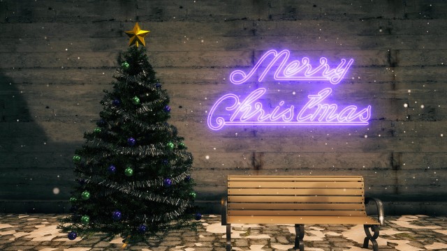 Christmas Set with tree, ornaments, bench and purple neon sign.