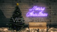 Christmas Set with tree, ornaments, bench and purple neon sign.