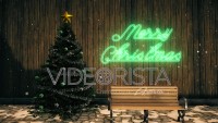 Christmas Set with tree, ornaments, bench and green neon sign.