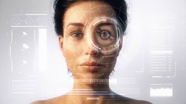 Futuristic and technological scanning of the face and retina of a beautiful woman avatar for facial recognition. Personal safety. Concept of: future, security, artificial intelligence, virtual reality