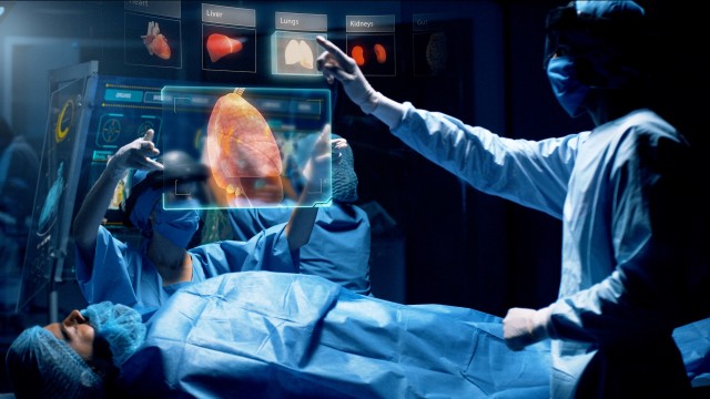 Doctor analyzing Heart 3D Scan on a futuristic augmented reality lens.