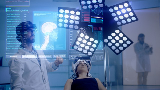 Doctor analyzing CT/ MRI Brain Scan Images on a futuristic augmented reality lens in cool ambient.