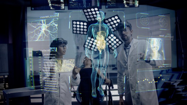 Doctor analyzing Body and DNA Scan Images on a futuristic augmented reality lens.