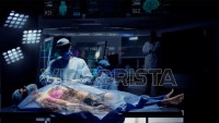 Team of Medical Surgeons use Futuristic Holographic Touchscreen Tablets to Examine Patient during Medical Procedure. Transparent Screens showing ECG and Medical Data Activity. Shot on RED Epic W.