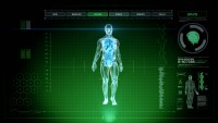 Green Futuristic Interface of Full Body Scan with Human Anatomy of Muscles, Bones and Organs