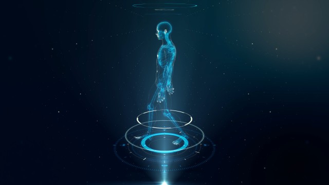 Blue Walking Avatar Projection with Xray Skeleton Scan