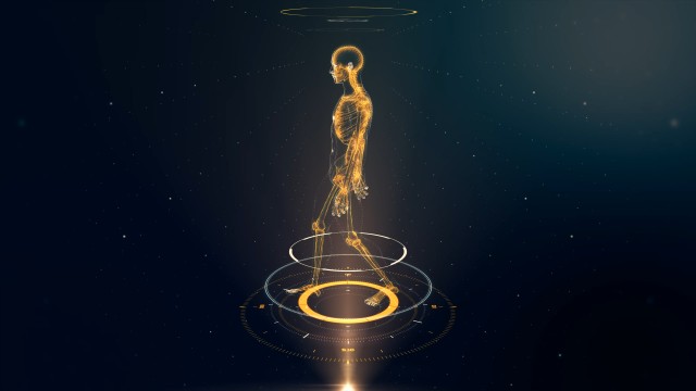 Yellow Walking Avatar Projection with Xray Skeleton Scan