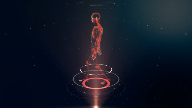Red Walking Avatar Projection with Xray Skeleton Scan