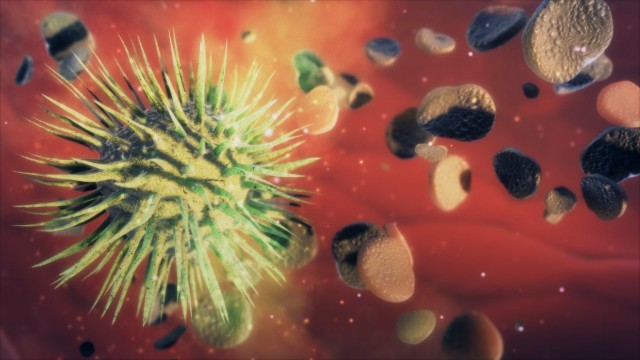 Green Lethal Virus Attacks Healthy Cells inside human organism. Cells mutate through a process of viral degeneration. Animation of virus destroying cells. PART B