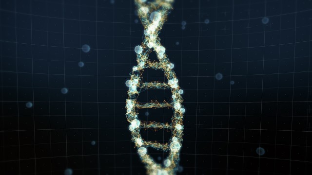 Abstract representation of digital DNA molecule. For visuals, biology, biotechnology, chemistry, science, medicine, genetic engineering, artificial intelligence, cosmetics or as motion background.