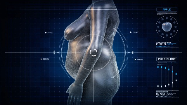Woman APPLE Body Shape Anatomy Gaining Weight Futuristic animation - Slim to Fat Scan Interface