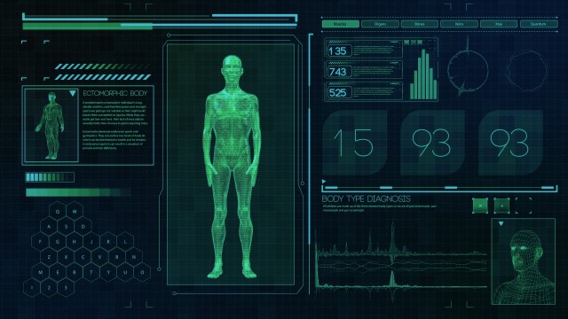 Ectomorphic Male body type. Thin man on futuristic green touch screen interface