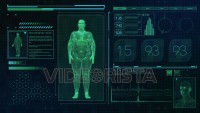 Endomorphic Male body type. Fat man on futuristic green touch screen interface