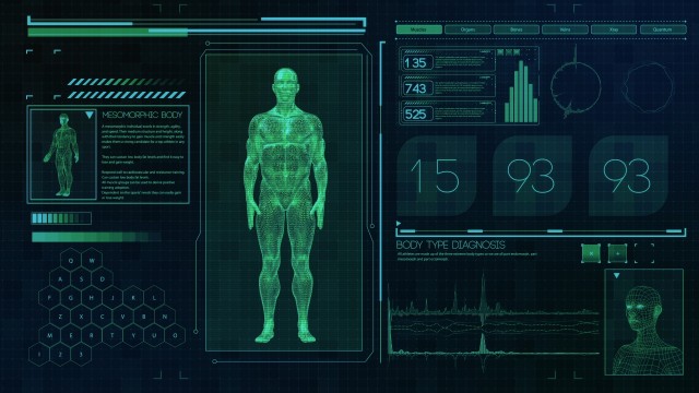 Mesomorphic Male body type. Strong man on futuristic green touch screen interface