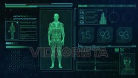 Mesomorphic Male body type. Strong man on futuristic green touch screen interface