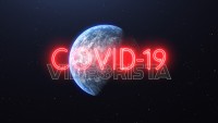 Covid-19 Red Neon Glowing Sign over the Earth. Flying away from Earth to Space showing Full Planet. Covid-19 Pandemic Asian Flu Outbreak