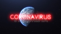 Zoom away from the Earth to Space showing Full Planet Earth with Red Neon Glowing Sign with the word: Coronavirus. Covid-19 Pandemic Asian Flu Outbreak