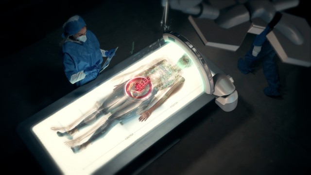 In the Near Future: Female Doctor uses Full Body Anatomy Futuristic Medical Augmented Reality Scanner.