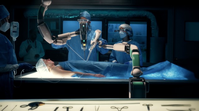Surgeons wearing special augmented reality glasses perform a delicate operation using medical surgical robot arms.