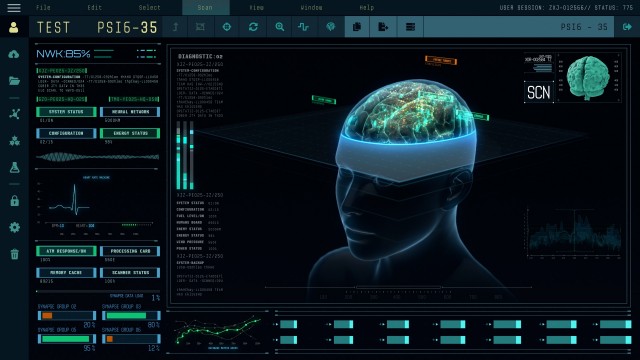 Brain Scan Interface showing human body and Neuronal Impulses with futuristic Infographics. Brain Scan connections.