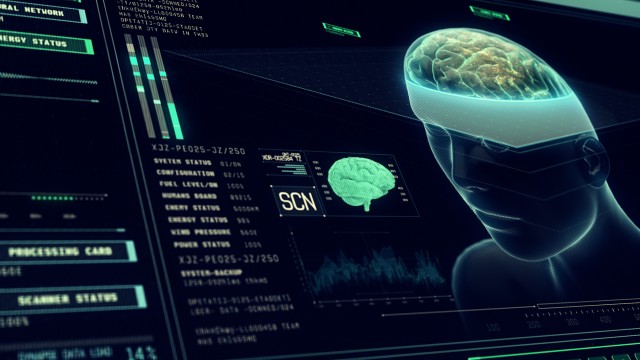 Brain Scan Interface showing human body and Neuronal Impulses with futuristic Infographics and Data on Screen. Brain Scan and Digitalization Technology.