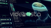 Brain Scan Interface showing human body and Neuronal Impulses with futuristic Infographics and Data on Screen. Brain Scan and Digitalization Technology.
