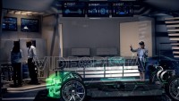 Female Engineer interacts with Hologram of Electric Car concept wearing Headset inside High-tech Industrial Facility. The Future of Augmented Reality with Graphs. 