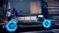 Female Engineer interacts with Hologram of Electric Car concept wearing Headset inside High-tech Industrial Facility. The Future of Augmented Reality with Graphs.