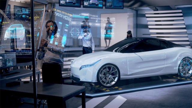 Engineers analyzing futuristic white car and futuristic with digital screens.