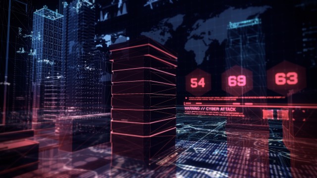 Cyber Attack Simulation over Holographic Buildings with Futuristic Infographics