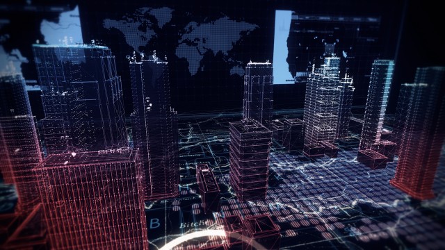 Virtual City Aerial Drone Flight on Cybernetic Space with Ultra HD Infographics