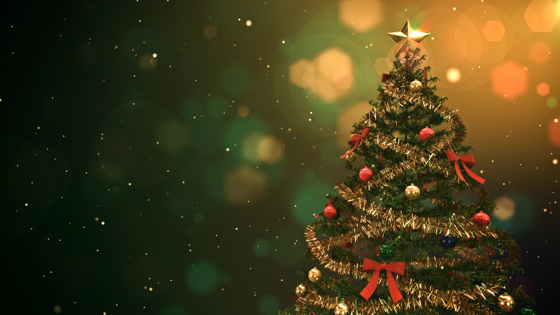 Christmas tree close up with beautiful lights, christmas balls, ribbons ...