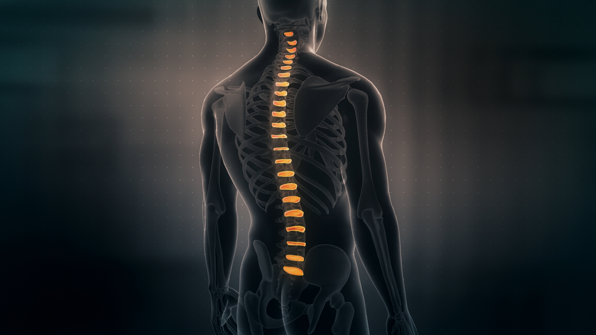 Futuristic Interface Display of Human Male Spinal Discs on dark background