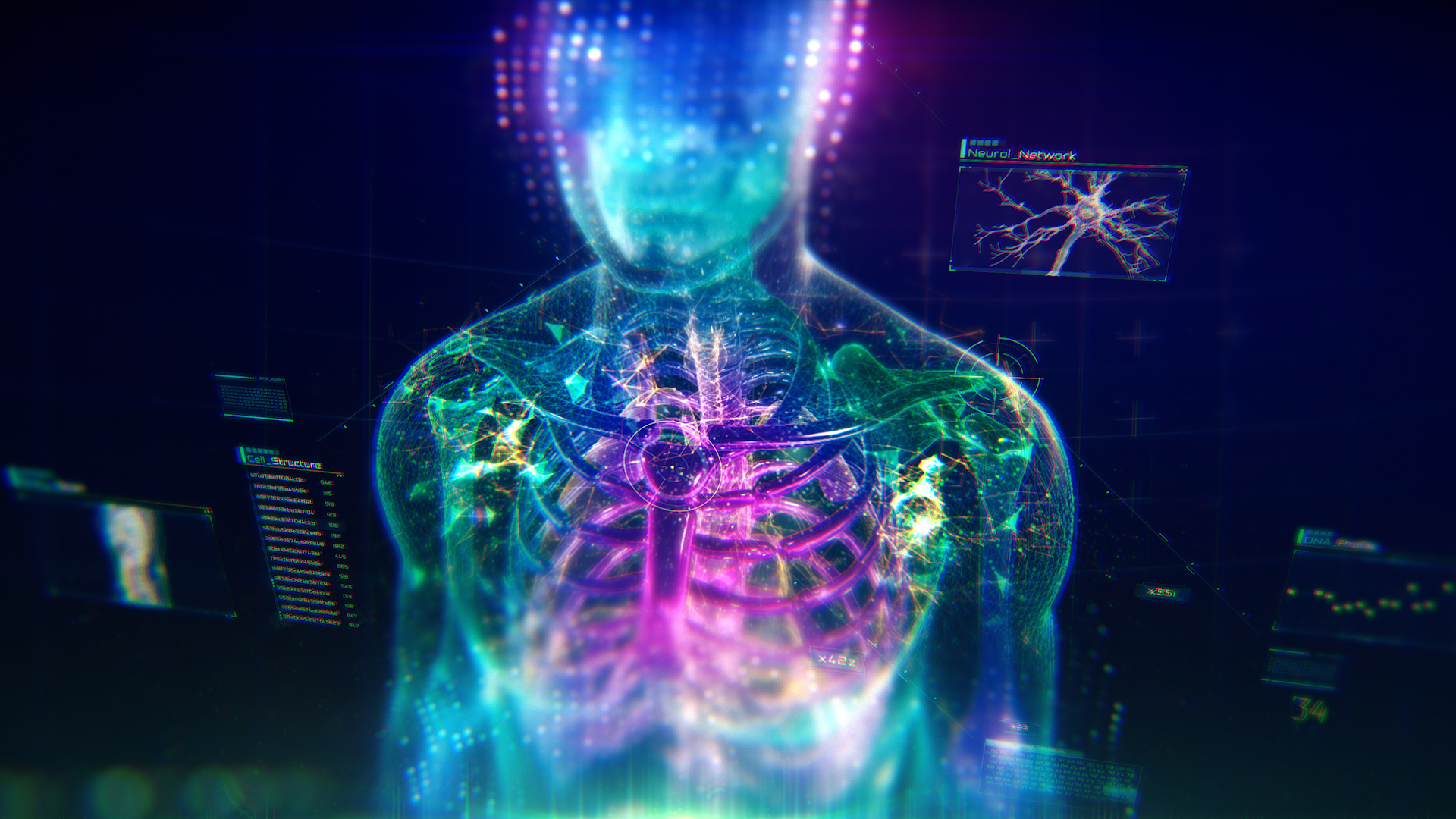 Colorful Human Body animation with infographics and particles showing  bones, organs and skin. Plexus. Futuristic and Artistic concept of human  anatomy. 4K UHD